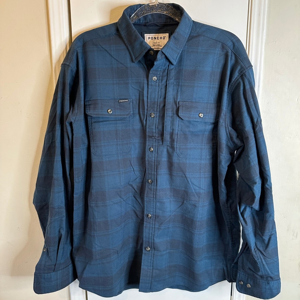Poncho Outdoors Men Blue Plaid Long Sleeve Magnetic Pocket Shirt Regular Fit L